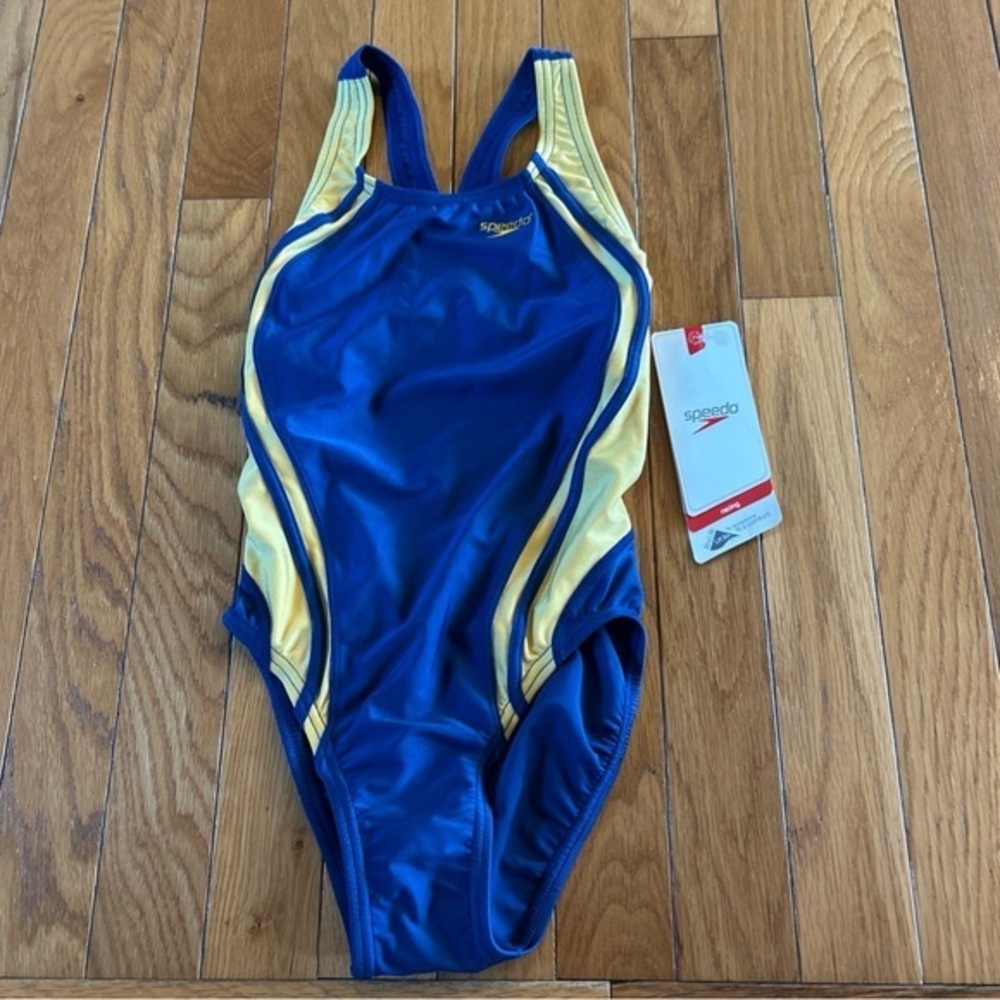 New NWT Speedo Racing Quantum Splice One Piece Swimsuit Navy Yellow Gold Size 26
